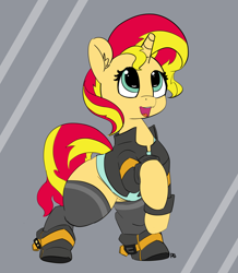 Size: 6773x7762 | Tagged: safe, artist:pabbley, sunset shimmer, pony, unicorn, absurd resolution, clothes, equestria girls outfit, female, jacket, leather jacket, mare, newbie artist training grounds, open mouth, raised hoof, shoes, solo, stockings, thigh highs