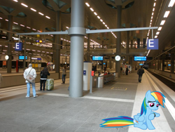 Size: 1000x750 | Tagged: safe, rainbow dash, human, pony, germany, irl, photo, ponies in real life, train station, vector, waiting, watch