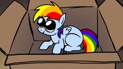 Size: 1024x576 | Tagged: safe, artist:petirep, rainbow dash, pegasus, pony, fanfic:my little dashie, baby, baby pony, big eyes, box, cute, dashabetes, filly, rainbow dash presents, spoiler