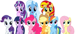 Size: 1024x465 | Tagged: safe, artist:ramseybrony17, derpibooru import, applejack, fluttershy, pinkie pie, rainbow dash, rarity, starlight glimmer, sunset shimmer, trixie, twilight sparkle, twilight sparkle (alicorn), alicorn, earth pony, pegasus, pony, unicorn, counterparts, cute, dashabetes, diapinkes, diatrixes, female, glimmerbetes, jackabetes, looking at each other, looking down, looking up, magical quartet, magical quintet, magical trio, mare, open mouth, raribetes, shimmerbetes, shyabetes, simple background, smile song, transparent background, twiabetes, twilight's counterparts, vector