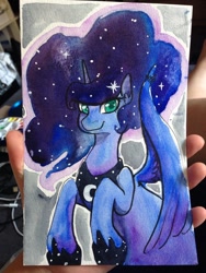 Size: 960x1280 | Tagged: safe, artist:whale, princess luna, alicorn, pony, horseshoes, jewelry, looking at you, peytral, regalia, smiling, solo, traditional art, watercolor painting