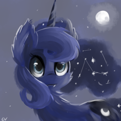 Size: 500x500 | Tagged: safe, artist:cerebralvapor, princess luna, alicorn, pony, fangs, fluffy, moon, solo