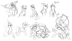 Size: 2691x1530 | Tagged: safe, artist:anticular, derpibooru import, applejack, princess celestia, rainbow dash, trixie, twilight sparkle, twilight sparkle (alicorn), alicorn, earth pony, pegasus, pony, unicorn, arrow, bow (weapon), bow and arrow, monochrome, sketch, vulgar, weapon