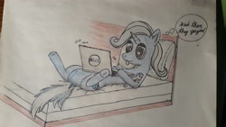 Size: 4128x2322 | Tagged: safe, artist:kody02, derpibooru import, starlight glimmer, trixie, pony, unicorn, bed, computer, laptop computer, pillow, plushie, tongue out, traditional art