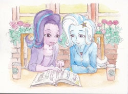 Size: 800x584 | Tagged: safe, artist:daisymane, derpibooru import, starlight glimmer, trixie, equestria girls, traditional art