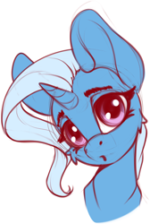 Size: 1690x2518 | Tagged: safe, artist:hitbass, artist:skitsroom, derpibooru import, trixie, pony, unicorn, blushing, bust, cute, female, floppy ears, head tilt, mare, portrait, simple background, sketch, solo, white background