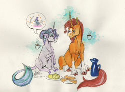 Size: 1024x757 | Tagged: safe, artist:sagastuff94, derpibooru import, starlight glimmer, sunburst, trixie, classical unicorn, pony, unicorn, apple, cloven hooves, coffee, female, food, leonine tail, mare, traditional art, unshorn fetlocks