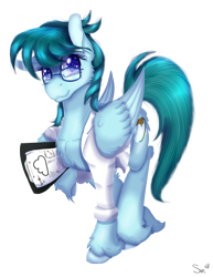 Size: 1080x1400 | Tagged: safe, artist:sintakhra, oc, oc only, oc:cloudy bits, pegasus, pony, clipboard, clothes, cloud, female, fluffy, glasses, lab coat, mare, raffle prize, request, requested art, scientist, simple background, solo, transparent background, unshorn fetlocks