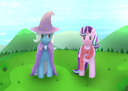 Size: 4961x3508 | Tagged: safe, artist:sane, derpibooru import, starlight glimmer, trixie, pony, unicorn, clothes, cute, hat, love, scarf, shy