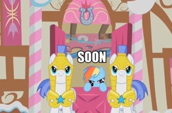 Size: 715x470 | Tagged: safe, edit, edited screencap, screencap, rainbow dash, earth pony, pegasus, pony, a bird in the hoof, armor, caption, female, helmet, image macro, male, mare, royal guard, soon, stallion