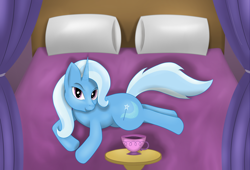 Size: 3984x2704 | Tagged: safe, artist:sane, derpibooru import, trixie, pony, unicorn, anatomically incorrect, bed, bedroom, bedroom eyes, cup, cute, incorrect leg anatomy, looking at you, lying, lying down, multicolored hair, smiling, solo, teacup