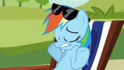 Size: 500x281 | Tagged: safe, screencap, rainbow dash, pegasus, pony, too many pinkie pies, animated, beach chair, female, mare, scrunchy face, shrug, solo, sunglasses