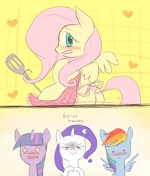 Size: 600x700 | Tagged: artist needed, source needed, safe, fluttershy, rainbow dash, rarity, twilight sparkle, pegasus, pony, unicorn, apron, clothes, comic, imminent rape, just as planned, plot, stupid sexy fluttershy, wingboner