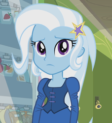 Size: 980x1080 | Tagged: safe, derpibooru import, screencap, trixie, equestria girls, clothes, dress, food, frown, looking at you, orange, sad, solo, strawberry, vending machine