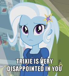 Size: 500x551 | Tagged: safe, derpibooru import, trixie, equestria girls, disappointed, image macro, meme, reaction image, sad, solo, trixie yells at everything