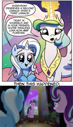 Size: 497x861 | Tagged: safe, derpibooru import, idw, princess celestia, starlight glimmer, trixie, twilight sparkle, twilight sparkle (alicorn), alicorn, pony, no second prances, spoiler:comic, counterparts, female, magical trio, mare, twilight's counterparts