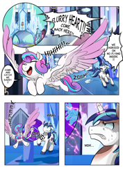 Size: 2480x3507 | Tagged: safe, artist:dormin-dim, princess flurry heart, shining armor, pony, unicorn, comic:chaotic wings, comic, crystal empire, cute, flurrybetes, flying, older, smiling, weapons-grade cute
