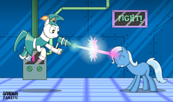 Size: 2876x1707 | Tagged: safe, artist:gradiusfanatic, derpibooru import, trixie, pony, robot, robot pony, beam struggle, blast, crossover, duel, eyes closed, fight, jenny wakeman, magic, magic beam, magic blast, my life as a teenage robot