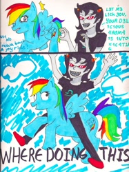 Size: 746x1000 | Tagged: safe, artist:pyrope-pirate, rainbow dash, pegasus, pony, comic, crossover, duo, female, homestuck, mare, riding, terezi pyrope, troll (homestuck)