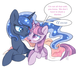 Size: 2964x2622 | Tagged: safe, artist:hawthornss, princess luna, twilight sparkle, twilight sparkle (alicorn), alicorn, pony, blanket, blushing, colored pupils, crossed hooves, cute, dialogue, eye contact, female, lesbian, looking at each other, lying down, mare, prone, shipping, simple background, speech bubble, starry eyes, transparent background, tsundere, tsunlight sparkle, twiluna, wingding eyes