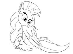 Size: 1003x739 | Tagged: safe, artist:sintakhra, silverstream, classical hippogriff, hippogriff, tumblr:studentsix, behaving like a bird, birds doing bird things, cute, diastreamies, female, hippogriffs doing bird things, hnnng, horsebird, lineart, monochrome, nom, onomatopoeia, preening, simple background, sitting, solo, white background