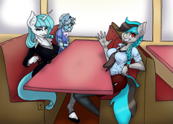 Size: 1325x953 | Tagged: safe, artist:dimvitrarius, oc, oc only, oc:arctic melody, oc:chillwind, oc:frostflow, anthro, earth pony, unguligrade anthro, unicorn, braid, business suit, clothes, commission, diner, glasses, heterochromia, necktie, simple background, sitting, stockings, sunglasses, thigh highs, transparent background