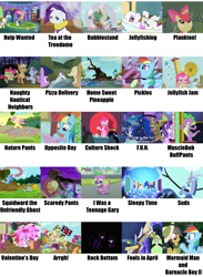 Size: 2055x2800 | Tagged: safe, edit, edited screencap, screencap, apple bloom, applejack, cheerilee, daring do, discord, fluttershy, pinkie pie, princess luna, rainbow dash, rarity, scootaloo, snails, snips, spike, starlight glimmer, sweetie belle, tom, trixie, twilight sparkle, twilight sparkle (alicorn), alicorn, bat pony, dog, parasprite, applejack's "day" off, baby cakes, bloom and gloom, bridle gossip, castle sweet castle, dungeons and discords, equestria girls, friendship is magic, luna eclipsed, magic duel, ponyville confidential, scare master, stranger than fan fiction, the crystalling, the cutie mark chronicles, the one where pinkie pie knows, the return of harmony, three's a crowd, appletini, arrgh!, body cast, bubblestand, culture shock, darkness, destroyed library, egghead dash, f.u.n., filly, filly fluttershy, flutterbat, fools in april, fun, golden oaks library, hearts and hooves day, help wanted, home sweet pineapple, i was a teenage gary, jellyfish jam, jellyfishing, looking good spike, manebow sparkle, meme, mermaid man and barnacle boy ii, musclebob buffpants, nature pants, naughty nautical neighbors, opposite day, pickles, pizza delivery, pose, prunity, pruny, race swap, reading rainboom, rock, rock bottom, scaredy pants, sheldon j. plankton, sick, sleepy time, spike the dog, spongebob comparison charts, spongebob squarepants, squidward the unfriendly ghost, suds, tea at the treedome, valentine's day (spongebob episode), wall of tags
