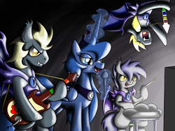 Size: 1000x750 | Tagged: safe, artist:firebrandkun, princess luna, oc, oc:midnight blossom, bat pony, pony, gamer luna, microphone, night guard, rhythm game, rock band, royal guard