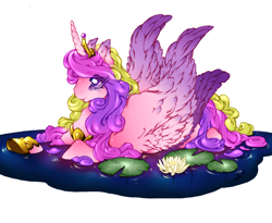 Size: 962x790 | Tagged: safe, artist:golden-anchor, princess cadance, alicorn, duck pony, pony, cute, fluffy, smiling, solo, spread wings, swimming, water, water lily