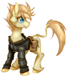 Size: 1400x1582 | Tagged: safe, artist:sintakhra, oc, oc only, oc:strong copper, pony, unicorn, clothes, fluffy, hoodie, leonine tail, male, raffle prize, request, requested art, saddle bag, simple background, solo, stallion, transparent background, unshorn fetlocks