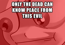 Size: 316x220 | Tagged: safe, artist:tswt, edit, rainbow dash, pegasus, pony, caption, meme, only the dead can know peace from this evil, reaction image, special eyes