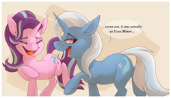 Size: 1024x585 | Tagged: safe, artist:lacedharlot, derpibooru import, starlight glimmer, trixie, pony, unicorn, female, laughing, mare