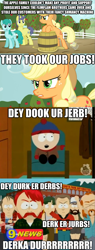 Size: 625x1639 | Tagged: safe, applejack, comet tail, spring melody, sprinkle medley, earth pony, pony, caption, comedy central, hub logo, parody, redneck, south park, they took our jobs