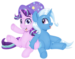 Size: 4096x3260 | Tagged: safe, artist:partylikeanartist, derpibooru import, starlight glimmer, trixie, pony, unicorn, absurd resolution, back to back, belly button, clothes, couple, cute, diatrixes, female, hat, lesbian, looking at you, simple background, sitting, starlight wearing trixie's hat, transparent background, trixie's hat, wingding eyes