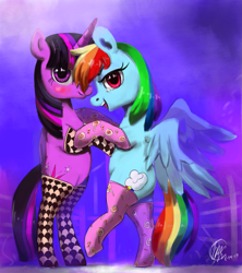 Size: 1495x1685 | Tagged: safe, artist:toisanemoif, rainbow dash, twilight sparkle, twilight sparkle (alicorn), alicorn, pegasus, pony, bedroom eyes, clothes, female, lesbian, mare, open mouth, shipping, stockings, thigh highs, twidash