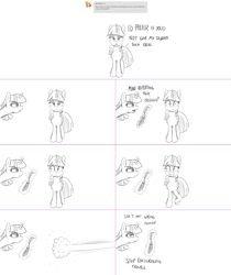 Size: 2306x2740 | Tagged: safe, artist:sintakhra, ocellus, twilight sparkle, twilight sparkle (alicorn), alicorn, pony, tumblr:studentsix, clipboard, disguise, disguised changeling, grin, magic, monochrome, nervous, nervous grin, nose wrinkle, quill, self ponidox, sheepish grin, smiling, twilight is not amused, unamused