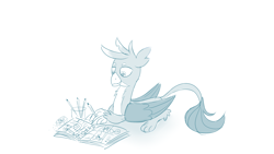 Size: 1152x648 | Tagged: safe, artist:sintakhra, gallus, griffon, tumblr:studentsix, book, claw hold, cup, drawing, eraser, looking down, lying down, pencils, smiling, solo, tumblr