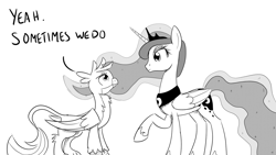 Size: 1280x720 | Tagged: safe, artist:sintakhra, gallus, princess luna, alicorn, griffon, pony, tumblr:studentsix, ask, lineart, looking at each other, monochrome, raised hoof, simple background, speech bubble, tumblr, white background