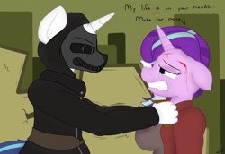 Size: 1280x880 | Tagged: safe, artist:theimmortalwolf, shining armor, starlight glimmer, anthro, abuse, crossover, dishonored, glimmerbuse