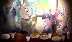 Size: 1280x747 | Tagged: safe, artist:thepoisonjackal, princess cadance, princess celestia, princess luna, twilight sparkle, twilight sparkle (alicorn), alicorn, pony, alicorn tetrarchy, ask majesty incarnate, blog fanart, clothes, curved horn, female, food, mare, nose horn, pancakes, spoon, syrup, whipped cream