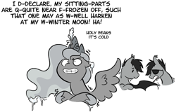 Size: 550x353 | Tagged: safe, artist:egophiliac, princess luna, oc, oc:frolicsome meadowlark, oc:sunshine smiles (egophiliac), alicorn, bat pony, pony, butt joke, cartographer's cap, cold, dialogue, eyepatch, filly, freezing, grayscale, gritted teeth, hat, ice, monochrome, moonstuck, shivering, simple background, spread wings, tongue out, tongue stuck to pole, white background, wings, woona, woonoggles