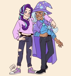 Size: 1280x1378 | Tagged: safe, artist:hopehound, derpibooru import, starlight glimmer, trixie, human, belt, cape, clothes, converse, dark skin, duo, female, grin, hat, humanized, jeans, looking at each other, midriff, pants, shirt, shoes, smiling, socks, striped socks, sweater, torn clothes, trixie's cape, trixie's hat, wand