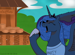 Size: 1024x757 | Tagged: safe, artist:soanos, princess luna, alicorn, pony, spoiler:comic09, food, magic shirt, style emulation, waffle