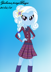 Size: 344x480 | Tagged: safe, artist:yulianapie26, derpibooru import, trixie, equestria girls, friendship games, alternate hairstyle, clothes, crystal prep academy uniform, school uniform, solo, stockings