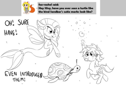 Size: 1280x883 | Tagged: safe, artist:sintakhra, sandbar, silverstream, pony, seapony (g4), turtle, tumblr:studentsix, ask, cute, diastreamies, monochrome, tumblr, underwater