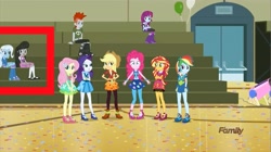 Size: 1281x717 | Tagged: safe, derpibooru import, edit, edited screencap, screencap, applejack, crimson napalm, fluttershy, mystery mint, octavia melody, pinkie pie, rainbow dash, rarity, sunset shimmer, trixie, equestria girls, friendship games, discovery family logo, humane five, humane six, humans standing next to each other