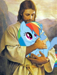 Size: 480x633 | Tagged: safe, edit, rainbow dash, human, pony, christianity, cute, dashabetes, holding a pony, jesus christ, religion