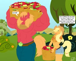 Size: 1375x1100 | Tagged: safe, artist:ziude, applejack, big macintosh, anthro, bare chest, clothes, great macintosh, muscles, topless, wat