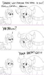 Size: 1280x2168 | Tagged: safe, artist:sintakhra, sandbar, yona, pony, yak, tumblr:studentsix, i don't get it, irony, lampshade hanging, monochrome, simple background, white background