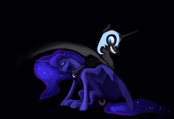 Size: 1280x878 | Tagged: safe, artist:jykinturah, nightmare moon, princess luna, alicorn, pony, duality, grin, sad, smiling